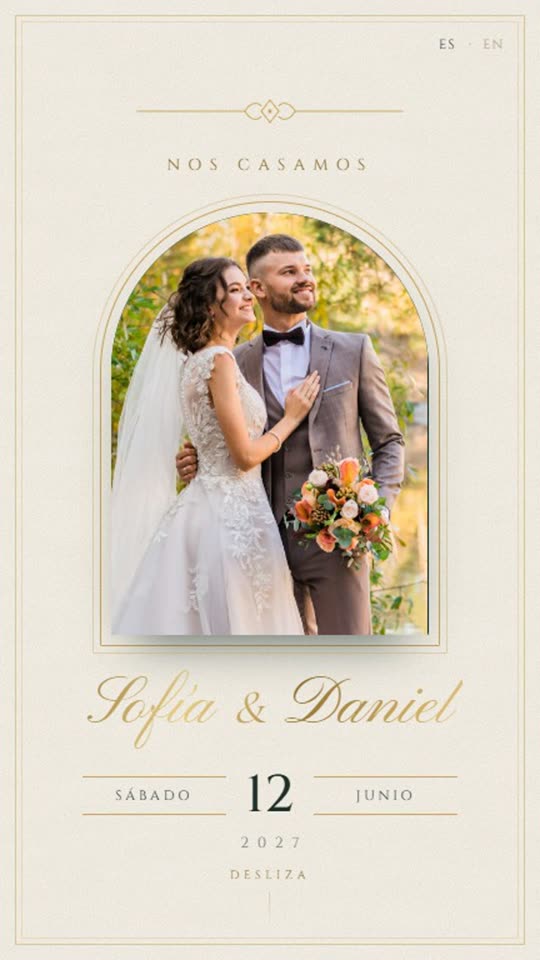 Invitación de boda Esmeralda & Oro con foto en arco
